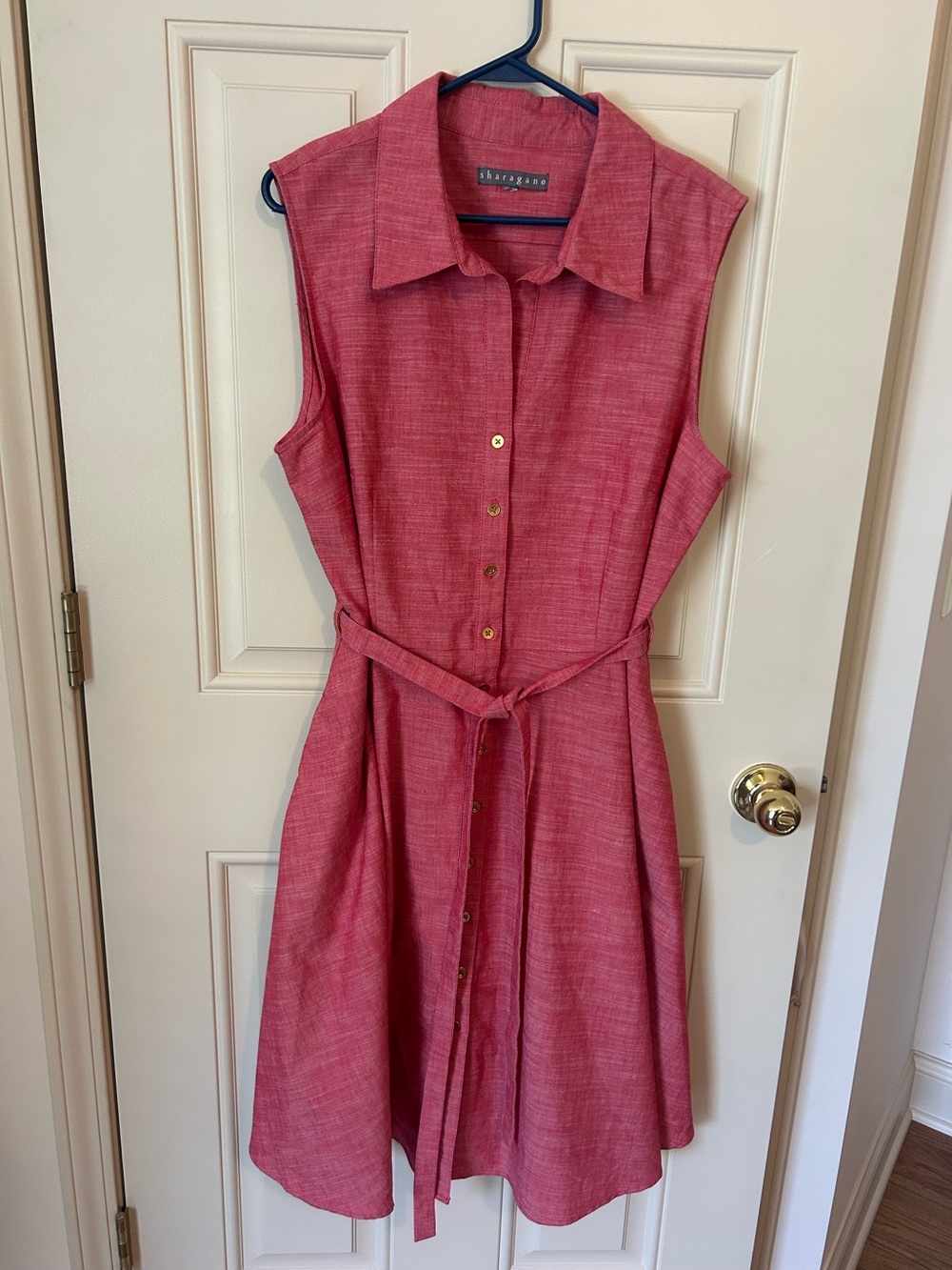 SHARAGANO Dress Sleeveless Button-Front Shirt Dress Self-Tie Belt & Pockets EUC